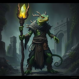 An evil lizardfolk arch druid, exuding malevolence and dark power, stands in the midst of ancient ruins