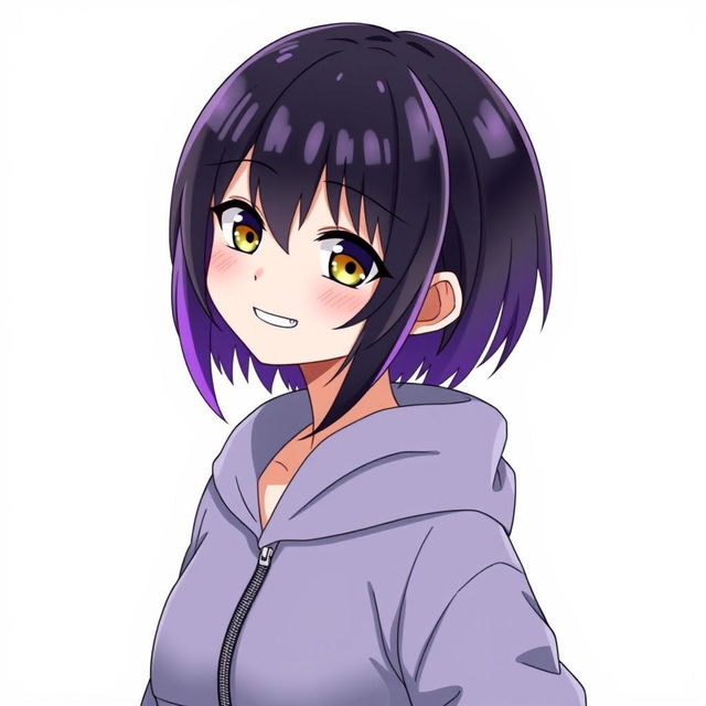 An anime girl with short black hair and purple tips, wearing a short and stylish zipper hoodie