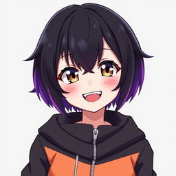 An anime girl with short black hair and purple tips, wearing a short and stylish zipper hoodie