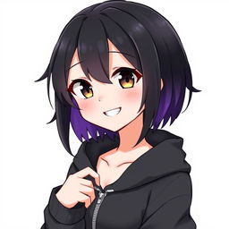 An anime girl with short black hair and purple tips, wearing a short and stylish zipper hoodie