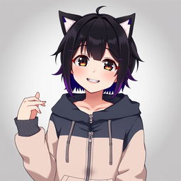 An anime girl with short black hair and purple tips, wearing a short and stylish zipper hoodie