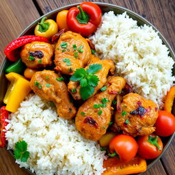 A beautifully arranged platter of Yassa chicken, featuring marinated chicken pieces cooked with onions, lemon juice, and spicy peppers
