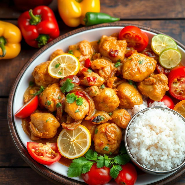 A beautifully arranged platter of Yassa chicken, featuring marinated chicken pieces cooked with onions, lemon juice, and spicy peppers