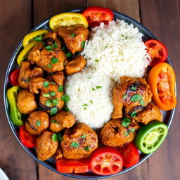 A beautifully arranged platter of Yassa chicken, featuring marinated chicken pieces cooked with onions, lemon juice, and spicy peppers