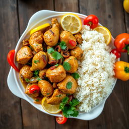 A beautifully arranged platter of Yassa chicken, featuring marinated chicken pieces cooked with onions, lemon juice, and spicy peppers