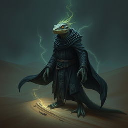 A sinister lizardfolk mage, possessing a lizard head yet displaying a human-like body, stands alone in dark dunes with an evil aura surrounding him