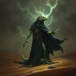 A sinister lizardfolk mage, possessing a lizard head yet displaying a human-like body, stands alone in dark dunes with an evil aura surrounding him