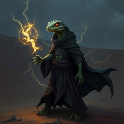 A sinister lizardfolk mage, possessing a lizard head yet displaying a human-like body, stands alone in dark dunes with an evil aura surrounding him
