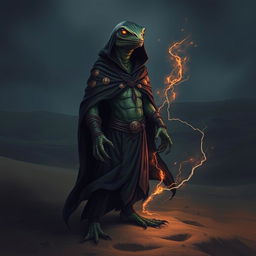 A sinister lizardfolk mage, possessing a lizard head yet displaying a human-like body, stands alone in dark dunes with an evil aura surrounding him