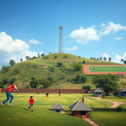 A vibrant and dynamic gameplay scene set in a large playground 300 meters down from a hill