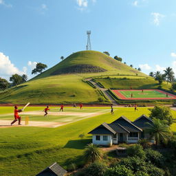 A vibrant and dynamic gameplay scene set in a large playground 300 meters down from a hill