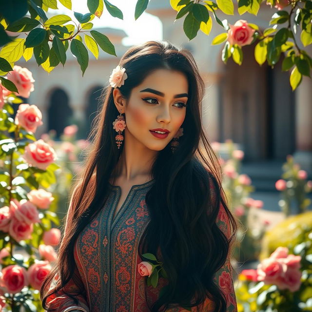 A graceful and elegant woman dressed in a traditional Persian attire, showcasing intricate patterns and vibrant colors