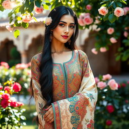 A graceful and elegant woman dressed in a traditional Persian attire, showcasing intricate patterns and vibrant colors