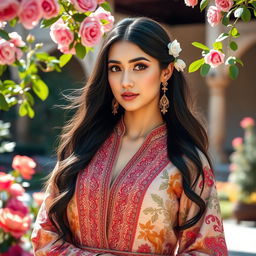 A graceful and elegant woman dressed in a traditional Persian attire, showcasing intricate patterns and vibrant colors