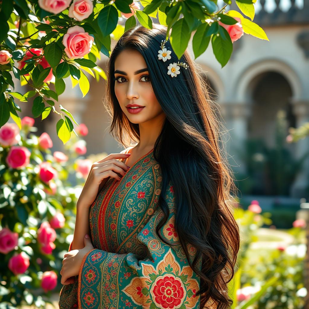 A graceful and elegant woman dressed in a traditional Persian attire, showcasing intricate patterns and vibrant colors