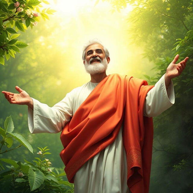 A depiction of Qassem Soleimani ascending with a Christ-like demeanor, surrounded by a serene and vibrant natural background that evokes a sense of peace and hope