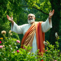 A depiction of Qassem Soleimani ascending with a Christ-like demeanor, surrounded by a serene and vibrant natural background that evokes a sense of peace and hope