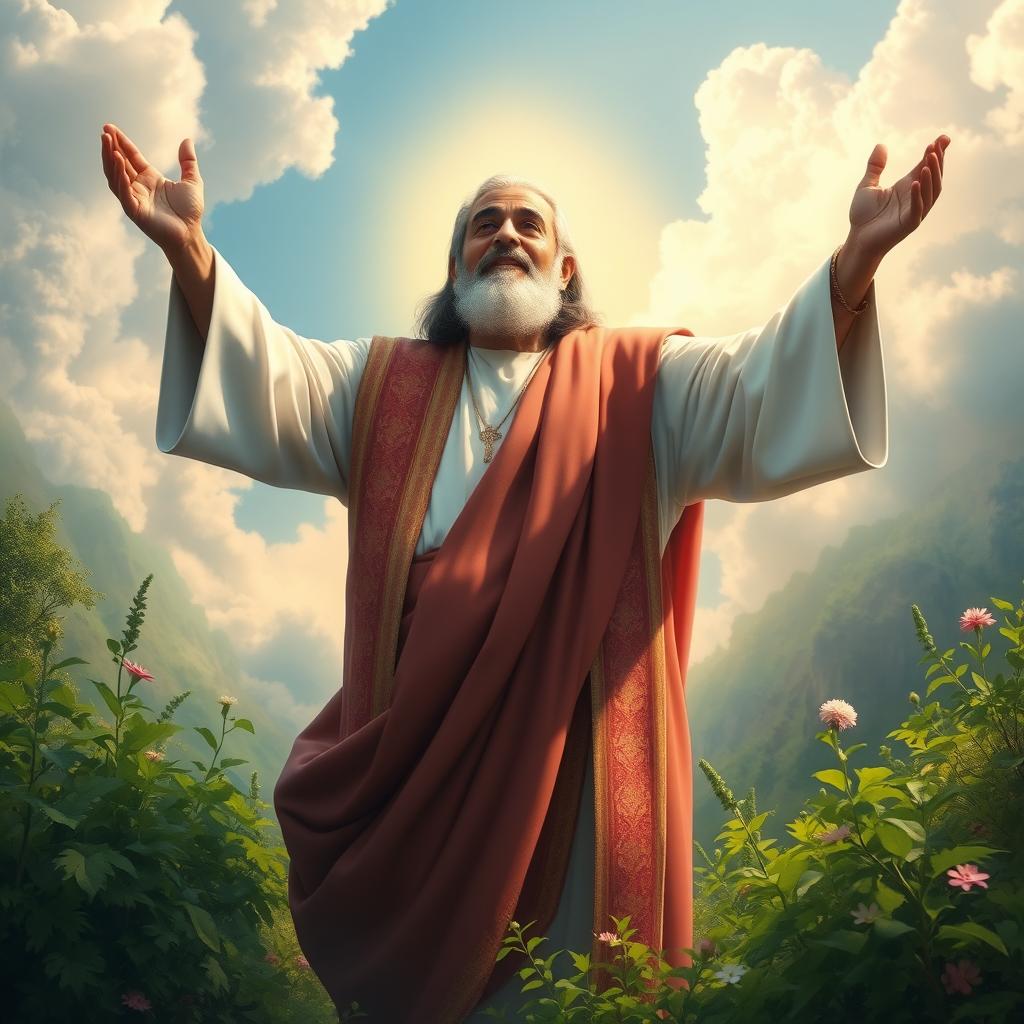 A depiction of Qassem Soleimani ascending with a Christ-like demeanor, surrounded by a serene and vibrant natural background that evokes a sense of peace and hope