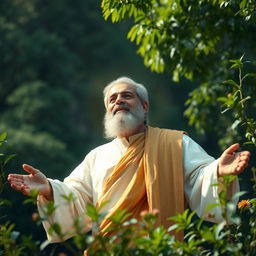 A depiction of Qassem Soleimani ascending with a Christ-like demeanor, surrounded by a serene and vibrant natural background that evokes a sense of peace and hope