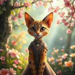 A lovely tabaxi princess, with striking feline features and elegant posture, stands gracefully in an enchanting garden filled with vibrant flowers and shimmering trees