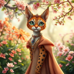 A lovely tabaxi princess, with striking feline features and elegant posture, stands gracefully in an enchanting garden filled with vibrant flowers and shimmering trees