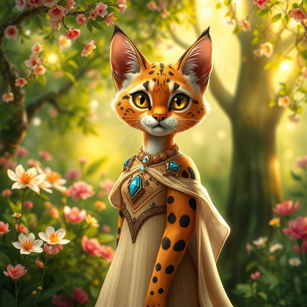 A lovely tabaxi princess, with striking feline features and elegant posture, stands gracefully in an enchanting garden filled with vibrant flowers and shimmering trees