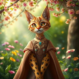 A lovely tabaxi princess, with striking feline features and elegant posture, stands gracefully in an enchanting garden filled with vibrant flowers and shimmering trees