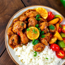 A traditional Senegalese dish called "Yassa Chicken" featuring succulent pieces of marinated chicken cooked in a rich, vibrant sauce made with onions, lemons, and spices