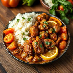 A traditional Senegalese dish called "Yassa Chicken" featuring succulent pieces of marinated chicken cooked in a rich, vibrant sauce made with onions, lemons, and spices