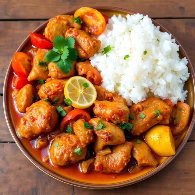 A traditional Senegalese dish called "Yassa Chicken" featuring succulent pieces of marinated chicken cooked in a rich, vibrant sauce made with onions, lemons, and spices