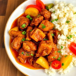 A traditional Senegalese dish called "Yassa Chicken" featuring succulent pieces of marinated chicken cooked in a rich, vibrant sauce made with onions, lemons, and spices