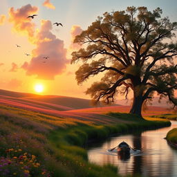 A serene landscape at sunset, featuring rolling hills covered with vibrant wildflowers in shades of purple, yellow, and red