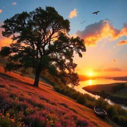A serene landscape at sunset, featuring rolling hills covered with vibrant wildflowers in shades of purple, yellow, and red