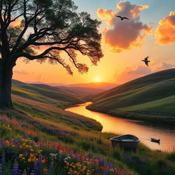 A serene landscape at sunset, featuring rolling hills covered with vibrant wildflowers in shades of purple, yellow, and red