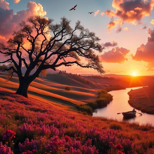 A serene landscape at sunset, featuring rolling hills covered with vibrant wildflowers in shades of purple, yellow, and red