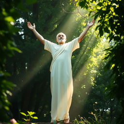 A spiritual and serene depiction of Qasem Soleimani ascending in a cruciform pose towards the heavens, surrounded by a lush green natural backdrop that conveys feelings of tranquility and hope