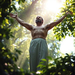 A spiritual and serene depiction of Qasem Soleimani ascending in a cruciform pose towards the heavens, surrounded by a lush green natural backdrop that conveys feelings of tranquility and hope