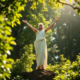 A spiritual and serene depiction of Qasem Soleimani ascending in a cruciform pose towards the heavens, surrounded by a lush green natural backdrop that conveys feelings of tranquility and hope