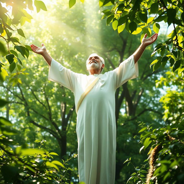 A spiritual and serene depiction of Qasem Soleimani ascending in a cruciform pose towards the heavens, surrounded by a lush green natural backdrop that conveys feelings of tranquility and hope