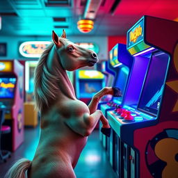 A whimsical and humorous scene featuring a horse playing an arcade game
