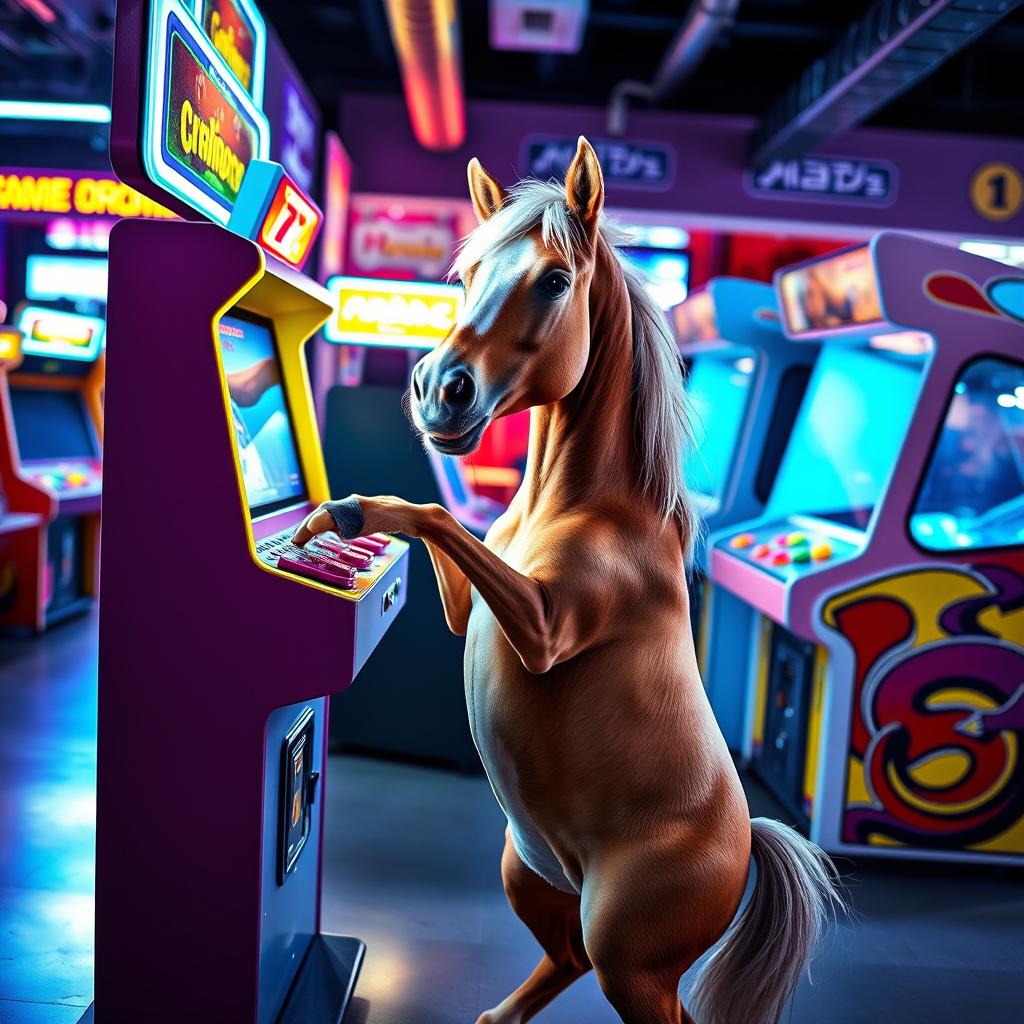 A whimsical and humorous scene featuring a horse playing an arcade game