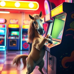 A whimsical and humorous scene featuring a horse playing an arcade game