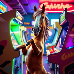 A whimsical and humorous scene featuring a horse playing an arcade game