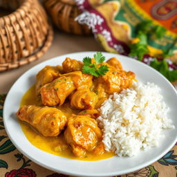 A beautifully arranged plate of Chicken Yassa, a traditional Senegalese dish featuring tender marinated chicken cooked in a tangy lemon and onion sauce