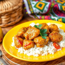 A beautifully arranged plate of Chicken Yassa, a traditional Senegalese dish featuring tender marinated chicken cooked in a tangy lemon and onion sauce