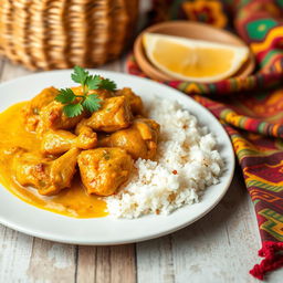 A beautifully arranged plate of Chicken Yassa, a traditional Senegalese dish featuring tender marinated chicken cooked in a tangy lemon and onion sauce
