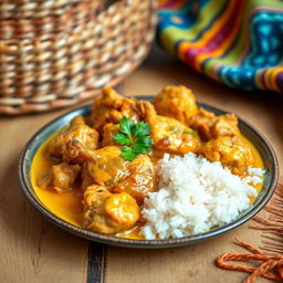 A beautifully arranged plate of Chicken Yassa, a traditional Senegalese dish featuring tender marinated chicken cooked in a tangy lemon and onion sauce