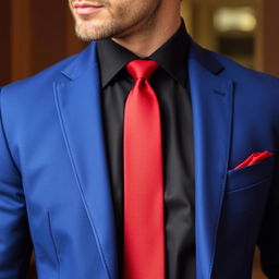 A sophisticated man wearing a tailored blue suit made from rich wool fabric, showcasing a classic single-breasted design with sleek, modern cut and subtle notched lapels