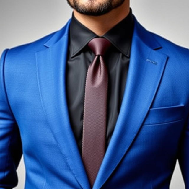 A sophisticated man wearing a tailored blue suit made from rich wool fabric, showcasing a classic single-breasted design with sleek, modern cut and subtle notched lapels