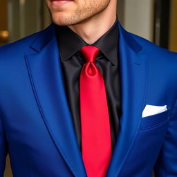 A sophisticated man wearing a tailored blue suit made from rich wool fabric, showcasing a classic single-breasted design with sleek, modern cut and subtle notched lapels